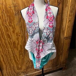 Source Unknown Pink and Blue Patterned One Piece Swimsuit